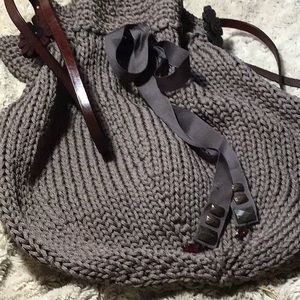 Hand Knit Drawstring Leather Strap Boho Bag